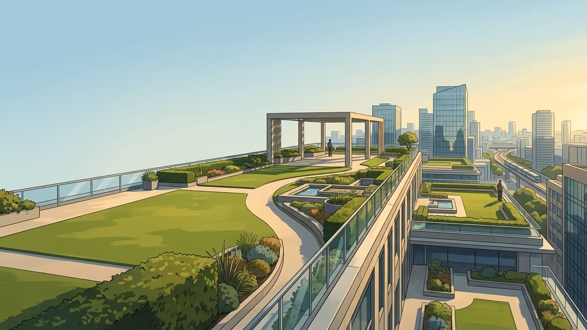A scenic editorial illustration for "Customer Onboarding Forms That Convert and Keep Users" featuring a sunlit rooftop garden flowing above a dense city skyline.