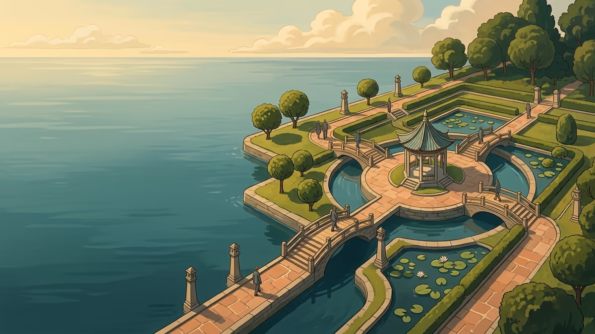 A scenic editorial illustration for "Round Robin Scheduling: A Practical Business Guide" featuring a serene park with water channels, bridges, and precise pathways.