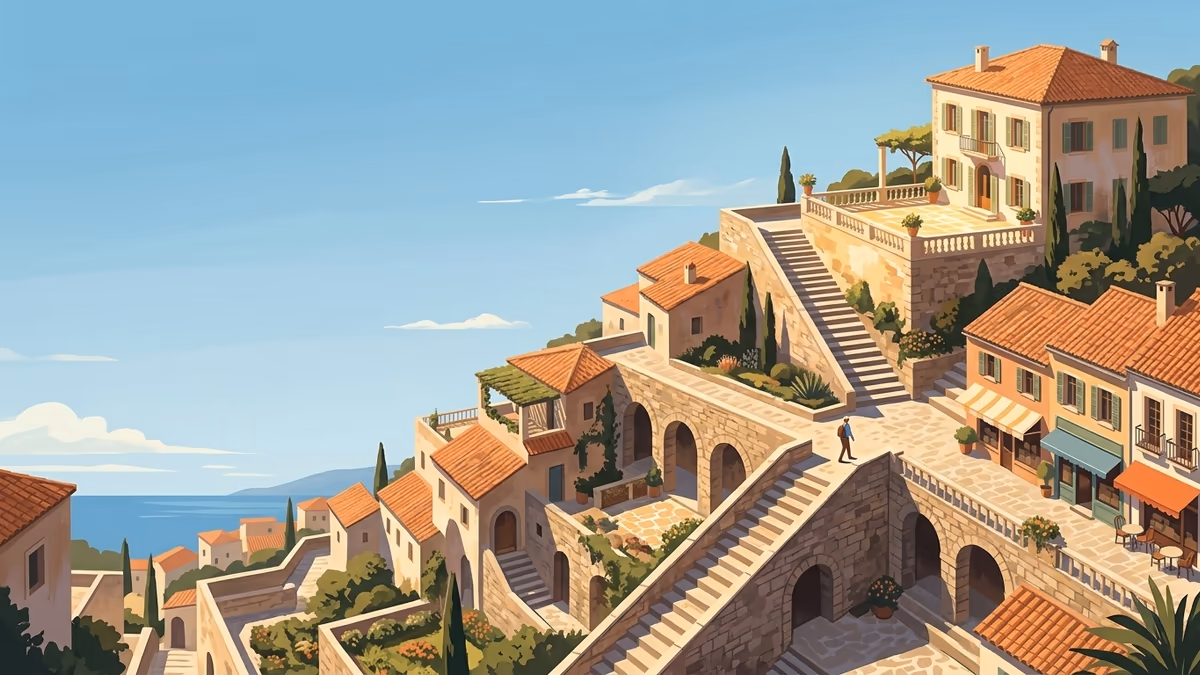 A scenic editorial illustration for "Cross Sell & Up Sell" featuring a hillside village with stepped paths and bright open sky.