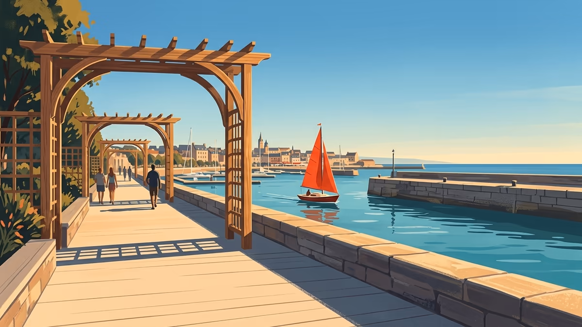 A scenic editorial illustration for "Seamless HubSpot Form Integration: Your 2026 Guide" featuring a harbor promenade with boats, boardwalks, and clean horizon lines.