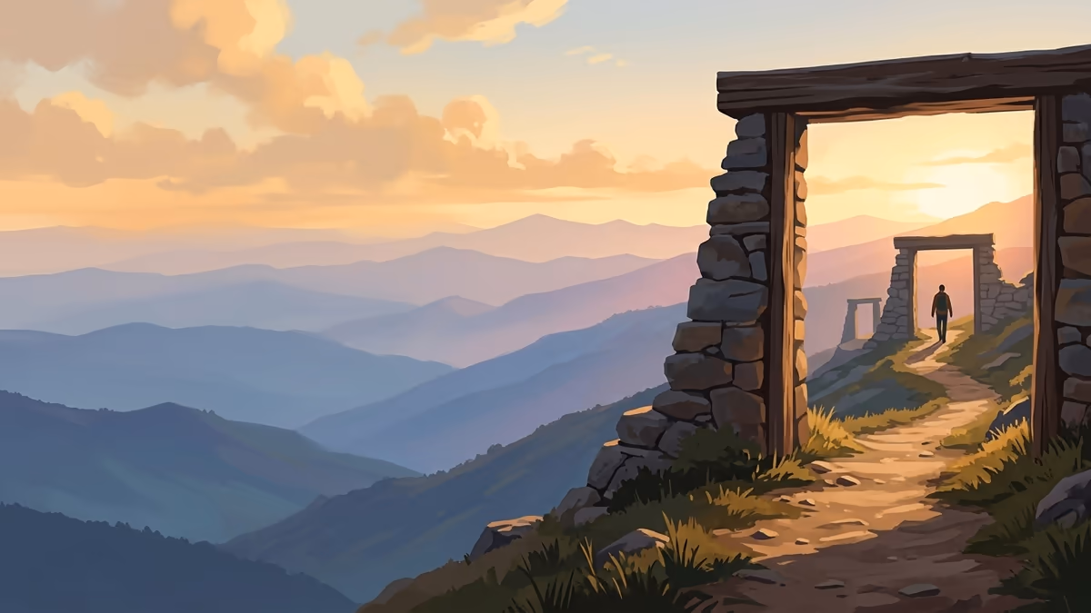 A scenic editorial illustration for "Client Intake and CRM Software for Large Law Firms 2026" featuring a mountain overlook with a winding trail and atmospheric light.