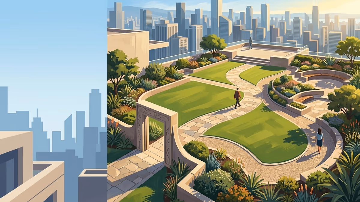 A scenic editorial illustration for "Choose The Best Employee Performance Review Software" featuring a sunlit rooftop garden flowing above a dense city skyline.