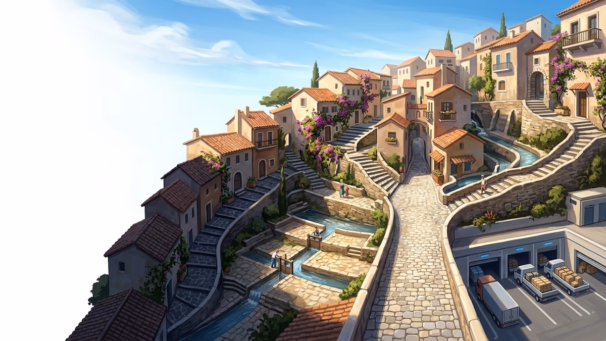 A scenic editorial illustration for "Lead Qualification Software: The 2026 Guide to Automation" featuring a hillside village with stepped paths and bright open sky.