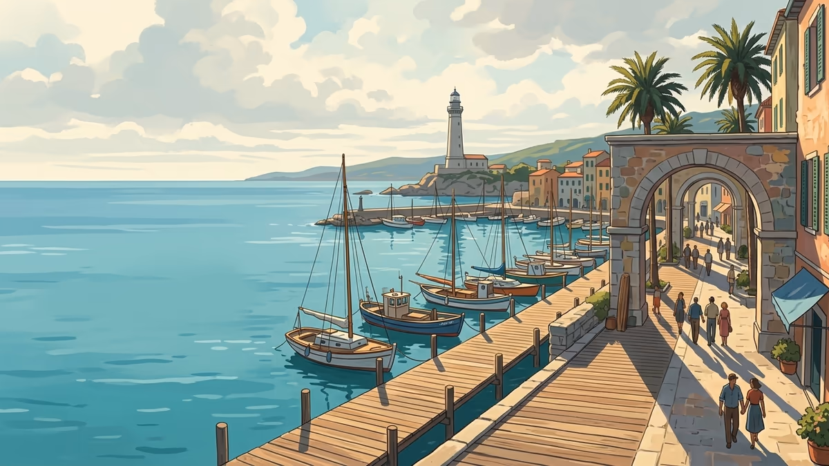 A scenic editorial illustration for "10 Best Performance Review Software Tools for 2026" featuring a harbor promenade with boats, boardwalks, and clean horizon lines.
