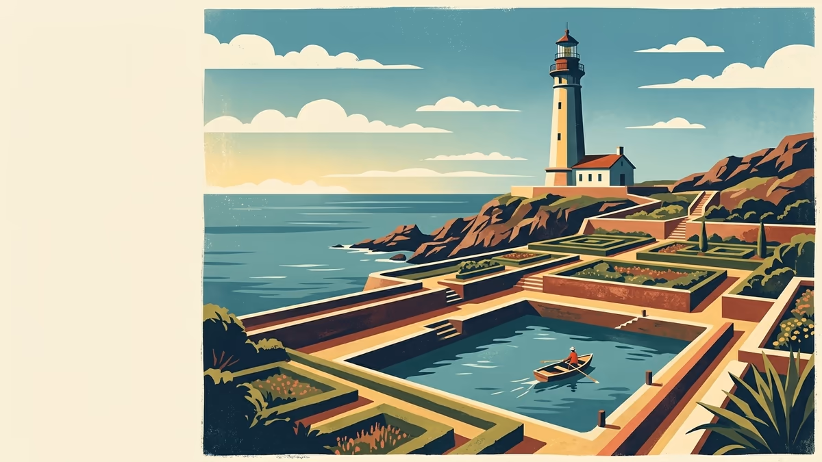 A scenic editorial illustration for "How to Embed Forms on Website: A 2026 Guide" featuring a coastal lighthouse and rocky shoreline under expansive clouds.