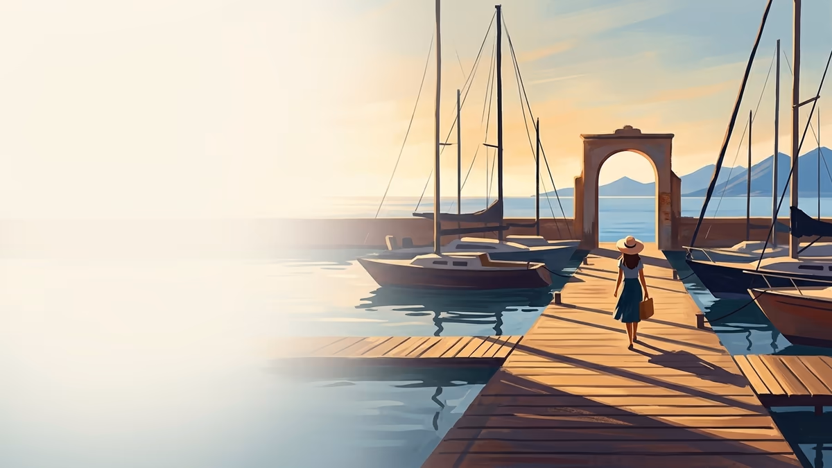 A scenic editorial illustration for "Client Onboarding Software: A Complete 2026 Guide" featuring a harbor promenade with boats, boardwalks, and clean horizon lines.