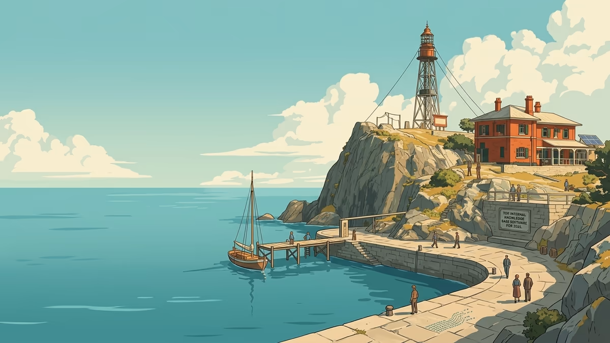 A scenic editorial illustration for "Top Internal Knowledge Base Software for 2026" featuring a coastal lighthouse and rocky shoreline under expansive clouds.
