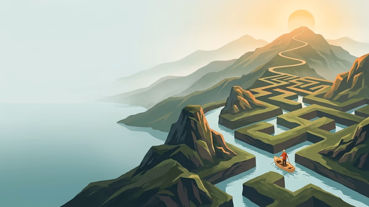 A scenic editorial illustration for "Master Conditional Logic Forms in 2026" featuring a mountain overlook with a winding trail and atmospheric light.