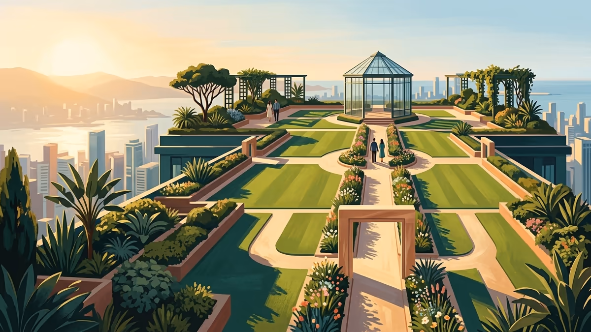 A scenic editorial illustration for "Best Customer Feedback Analysis Tools 2026" featuring a sunlit rooftop garden flowing above a dense city skyline.
