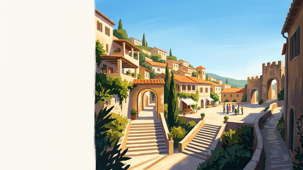 A scenic editorial illustration for "Best Video Interview Software: Top Picks for 2026" featuring a hillside village with stepped paths and bright open sky.