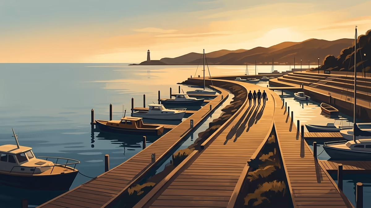 A scenic editorial illustration for "Best-Rated Employee Scheduling Software Guide 2026" featuring a harbor promenade with boats, boardwalks, and clean horizon lines.