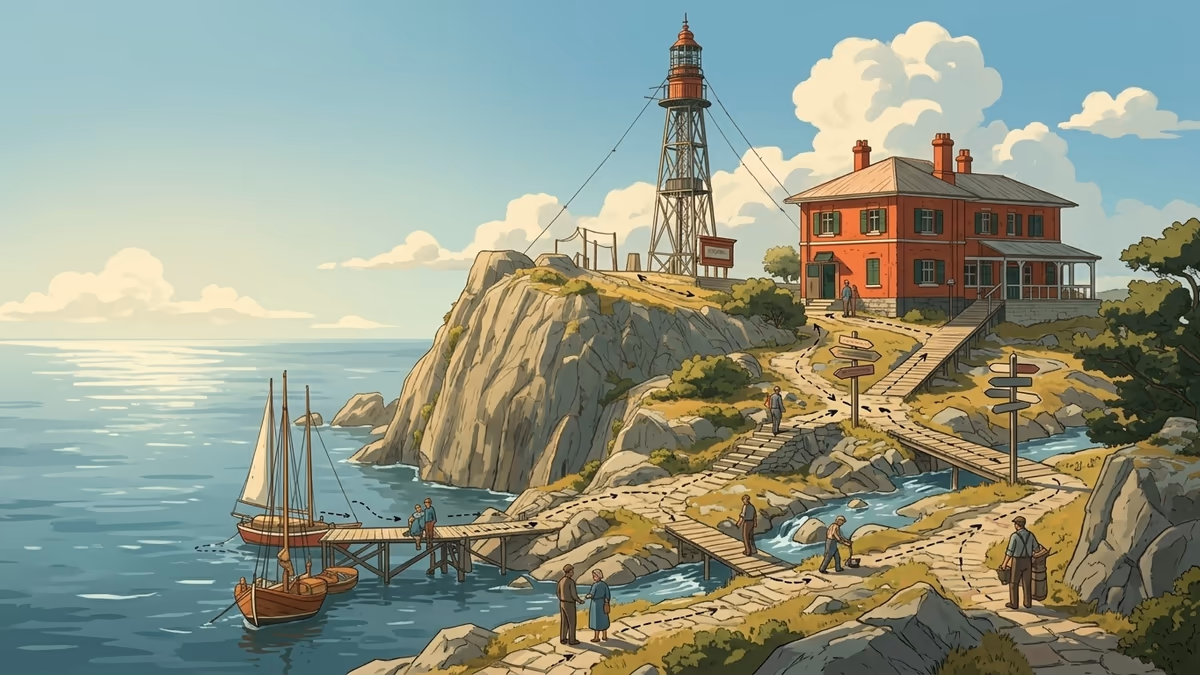 A scenic editorial illustration for "Leads in Salesforce: A Complete 2026 Guide" featuring a coastal lighthouse and rocky shoreline under expansive clouds.