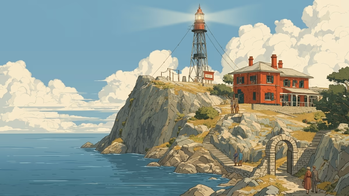 A scenic editorial illustration for "Forms Purchase Order: The Ultimate 2026 Guide" featuring a coastal lighthouse and rocky shoreline under expansive clouds.