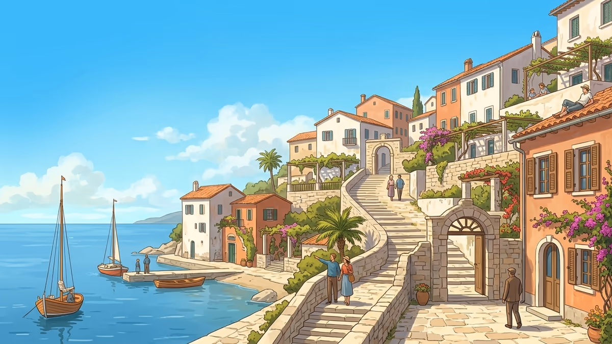 A scenic editorial illustration for "10 Best OKR Software Platforms for 2026 (Full Guide)" featuring a hillside village with stepped paths and bright open sky.