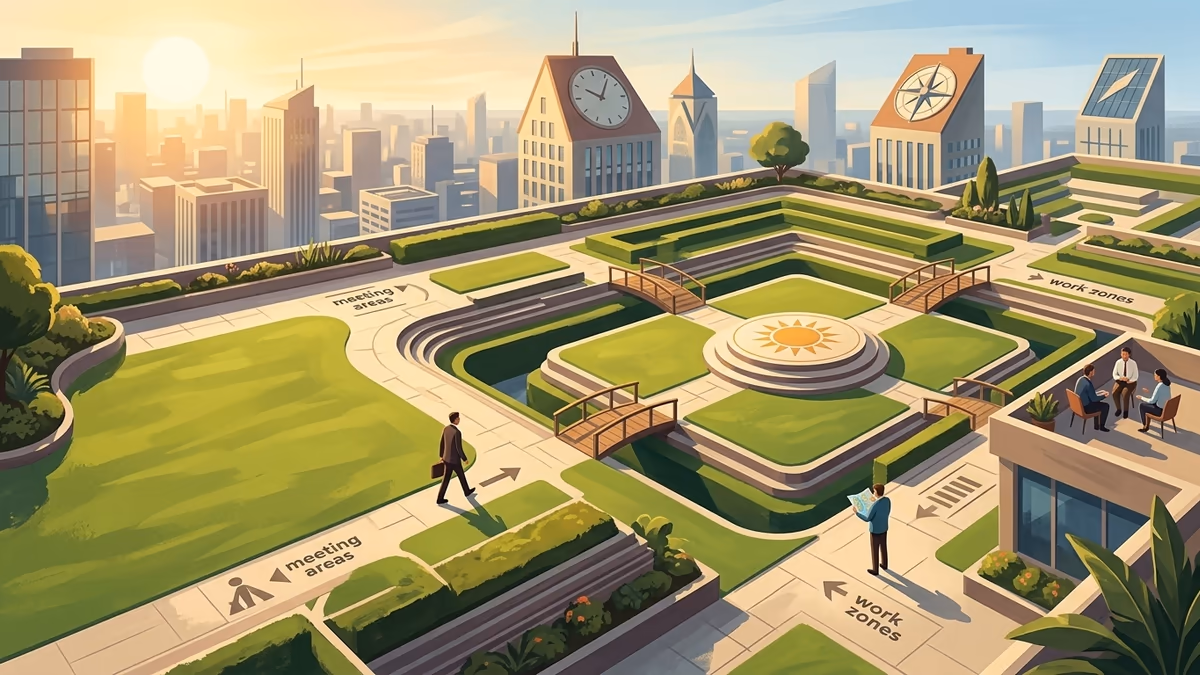 A scenic editorial illustration for "What Is the Best Scheduling Software? Guide 2026" featuring a sunlit rooftop garden flowing above a dense city skyline.