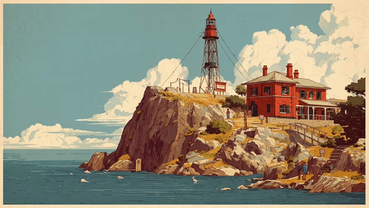 A scenic editorial illustration for "Conversational Marketing: Your 2026 Strategy Guide" featuring a coastal lighthouse and rocky shoreline under expansive clouds.