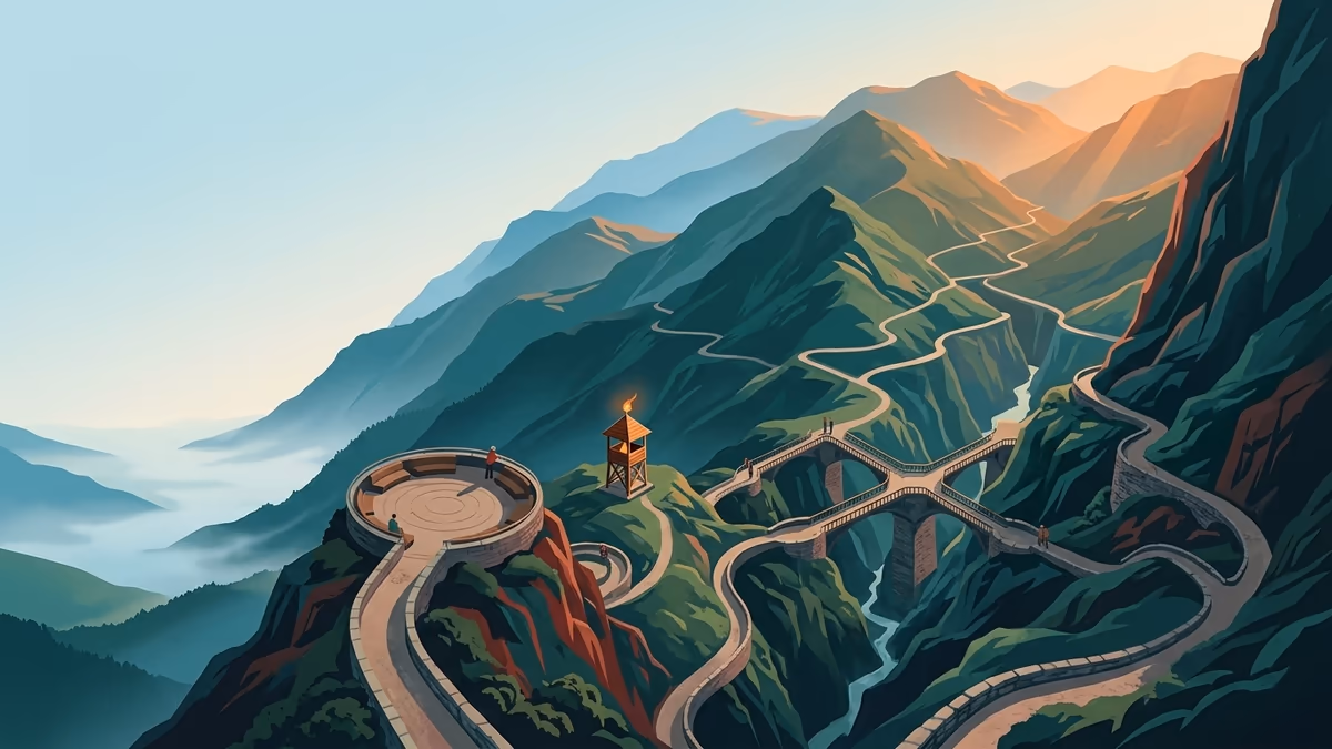 A scenic editorial illustration for "Conversational Marketing Platform: Your 2026 Revenue Guide" featuring a mountain overlook with a winding trail and atmospheric light.