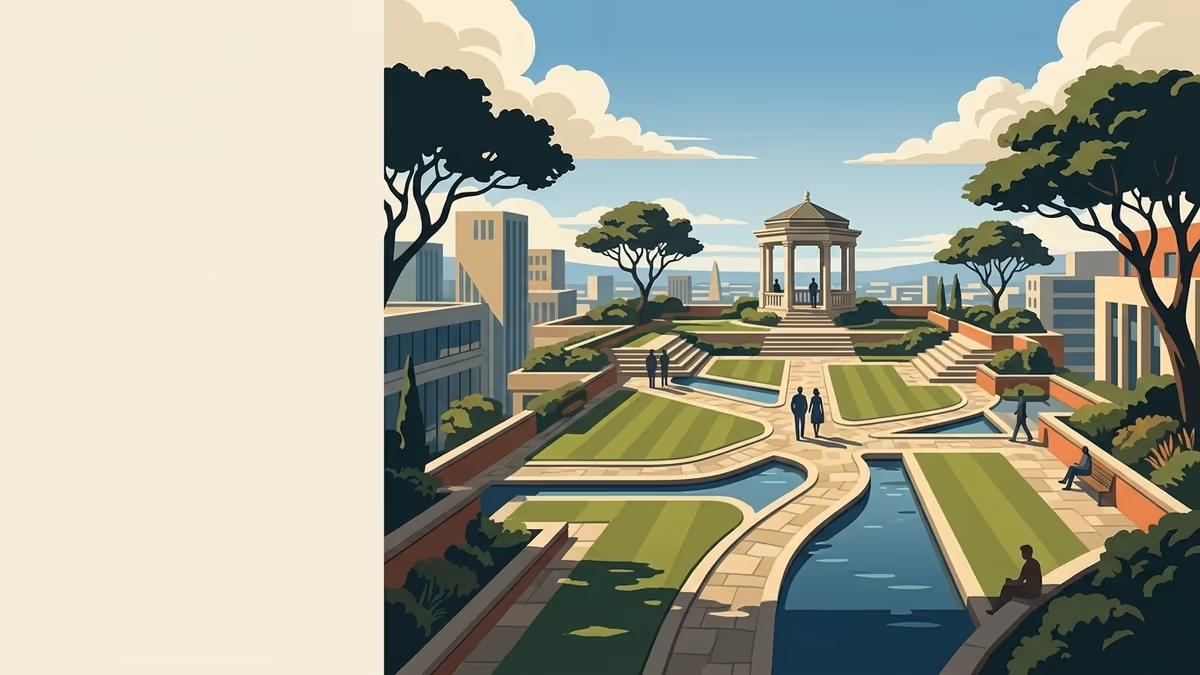 A scenic editorial illustration for "Website Visitor Identification Software: Boost B2B Leads" featuring a sunlit rooftop garden flowing above a dense city skyline.