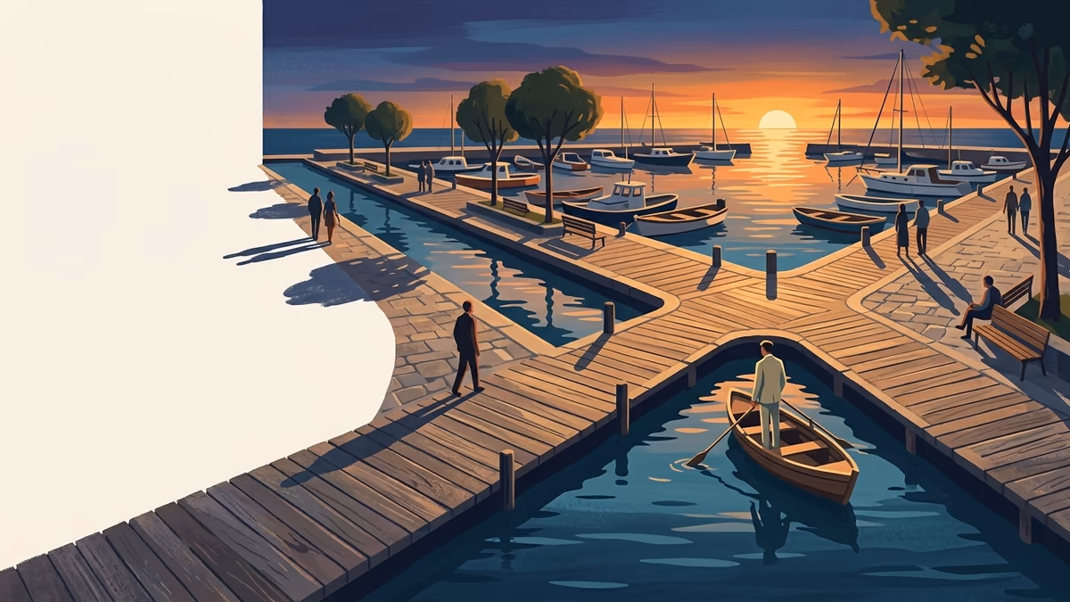 A scenic editorial illustration for "Choosing Your Lead Generation Format in 2026" featuring a harbor promenade with boats, boardwalks, and clean horizon lines.