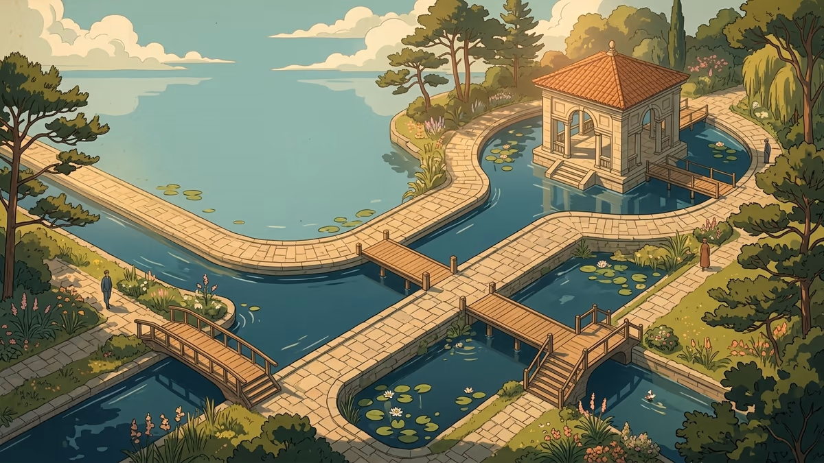 A scenic editorial illustration for "What Is MQL? Your 2026 Guide to Lead Qualification" featuring a serene park with water channels, bridges, and precise pathways.