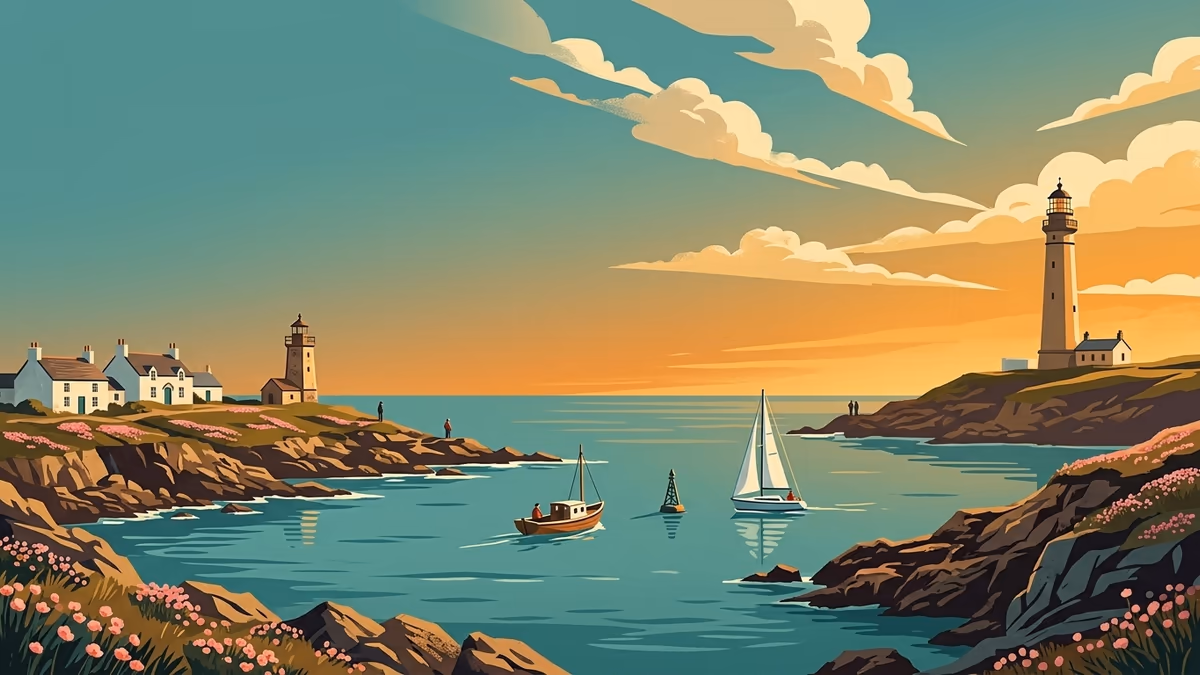 A scenic editorial illustration for "10 Best Marketing Agency Project Management Software 2026" featuring a coastal lighthouse and rocky shoreline under expansive clouds.