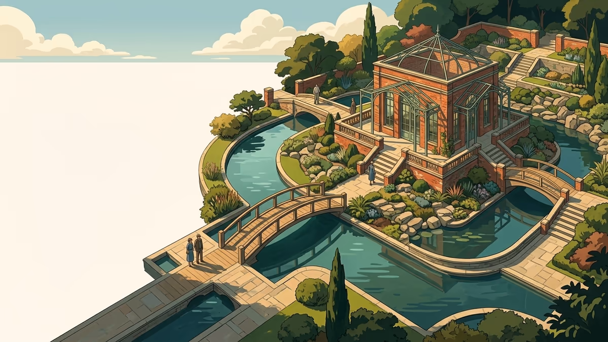A scenic editorial illustration for "AI Chatbot for Ecommerce Website: 2026 Guide" featuring a serene park with water channels, bridges, and precise pathways.