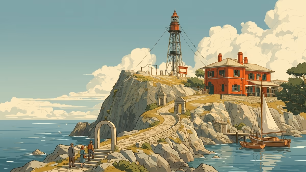 A scenic editorial illustration for "Third Party Vendor Risk Management Software: A 2026 Guide" featuring a coastal lighthouse and rocky shoreline under expansive clouds.