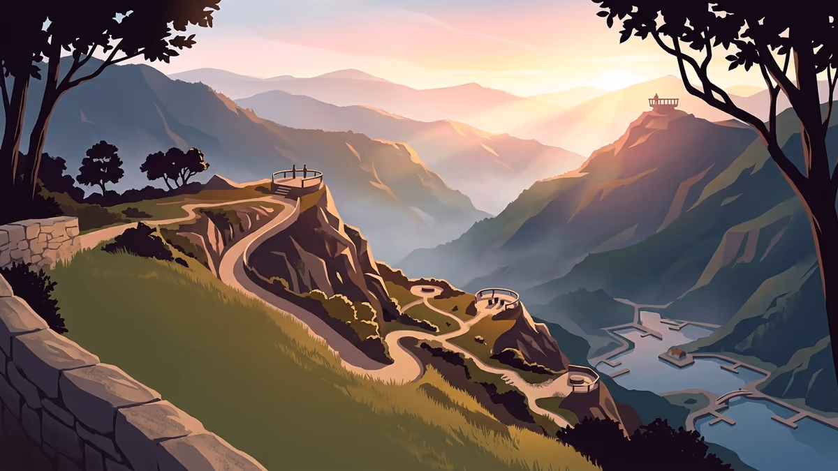 A scenic editorial illustration for "Conversational AI for Sales: Close More Deals" featuring a mountain overlook with a winding trail and atmospheric light.
