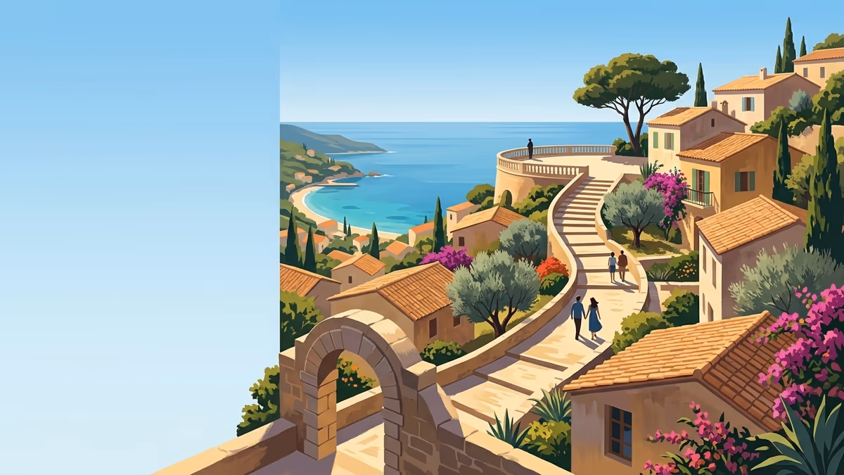 A scenic editorial illustration for "Difference Between a Questionnaire and a Survey Explained" featuring a hillside village with stepped paths and bright open sky.