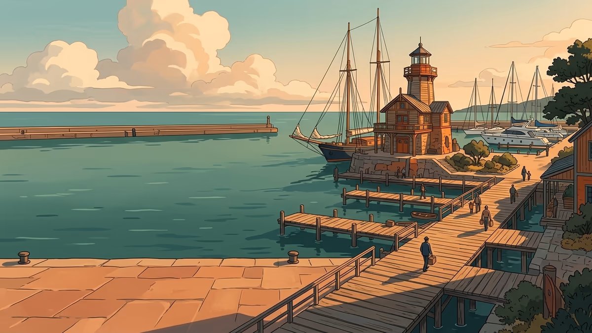 A scenic editorial illustration for "Event Registration Software: A 2026 Strategic Guide" featuring a harbor promenade with boats, boardwalks, and clean horizon lines.