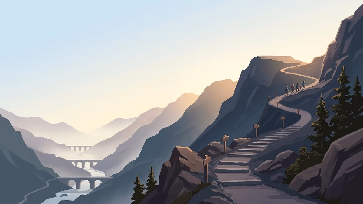 A scenic editorial illustration for "10 Best Construction Scheduling Software (2026 Guide)" featuring a mountain overlook with a winding trail and atmospheric light.