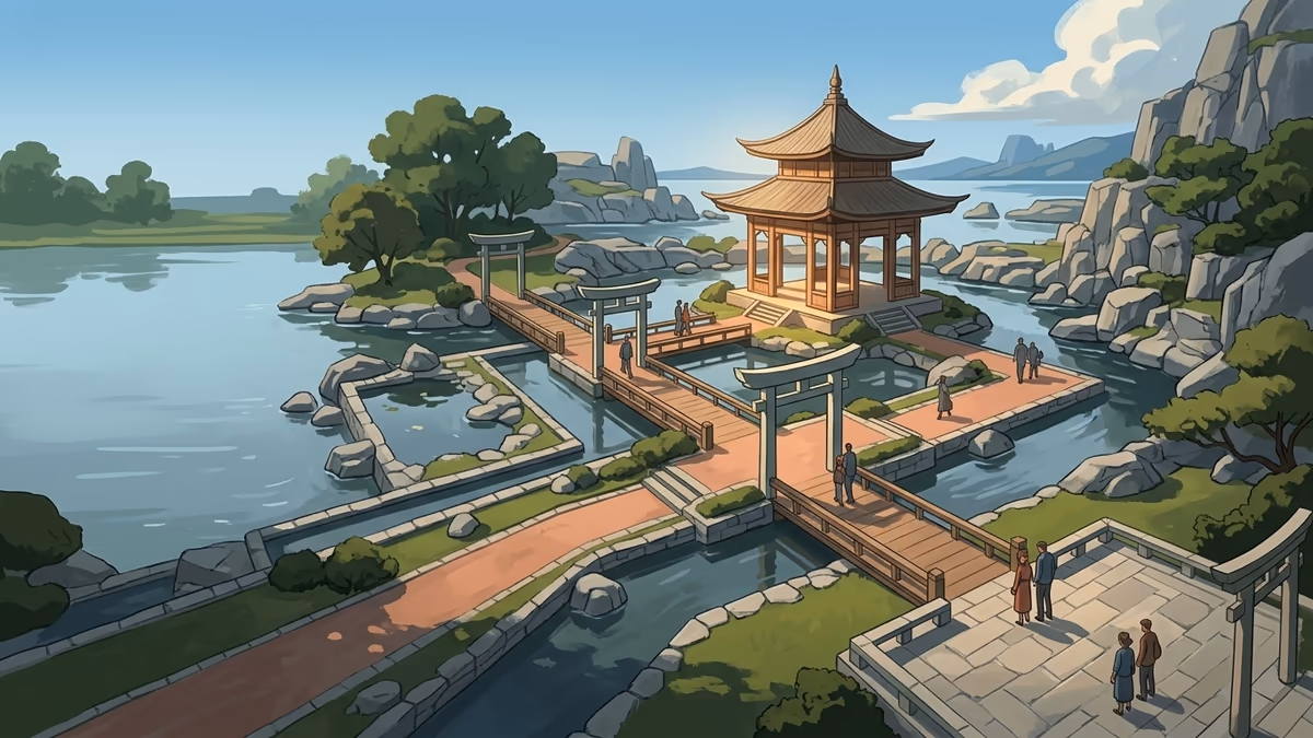 A scenic editorial illustration for "Digital Agency Management Software: Your 2026 Guide" featuring a serene park with water channels, bridges, and precise pathways.