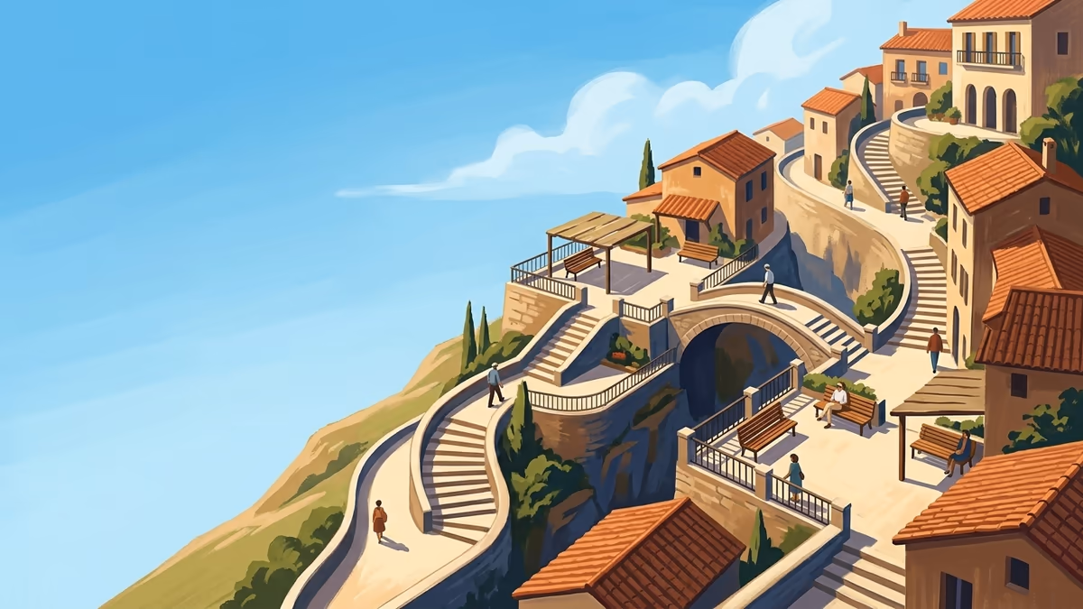 A scenic editorial illustration for "Buffer Time Meaning: A Guide to Smarter Scheduling" featuring a hillside village with stepped paths and bright open sky.