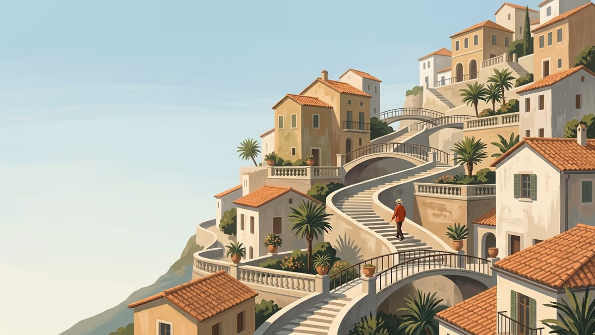 A scenic editorial illustration for "AI Lead Conversion Software: Boost Your Pipeline" featuring a hillside village with stepped paths and bright open sky.