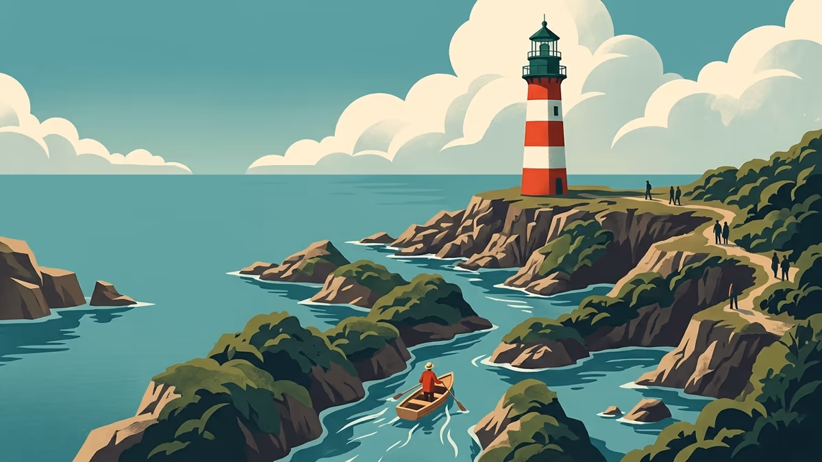 A scenic editorial illustration for "What Is a Sales Process: Stages & Strategy" featuring a coastal lighthouse and rocky shoreline under expansive clouds.
