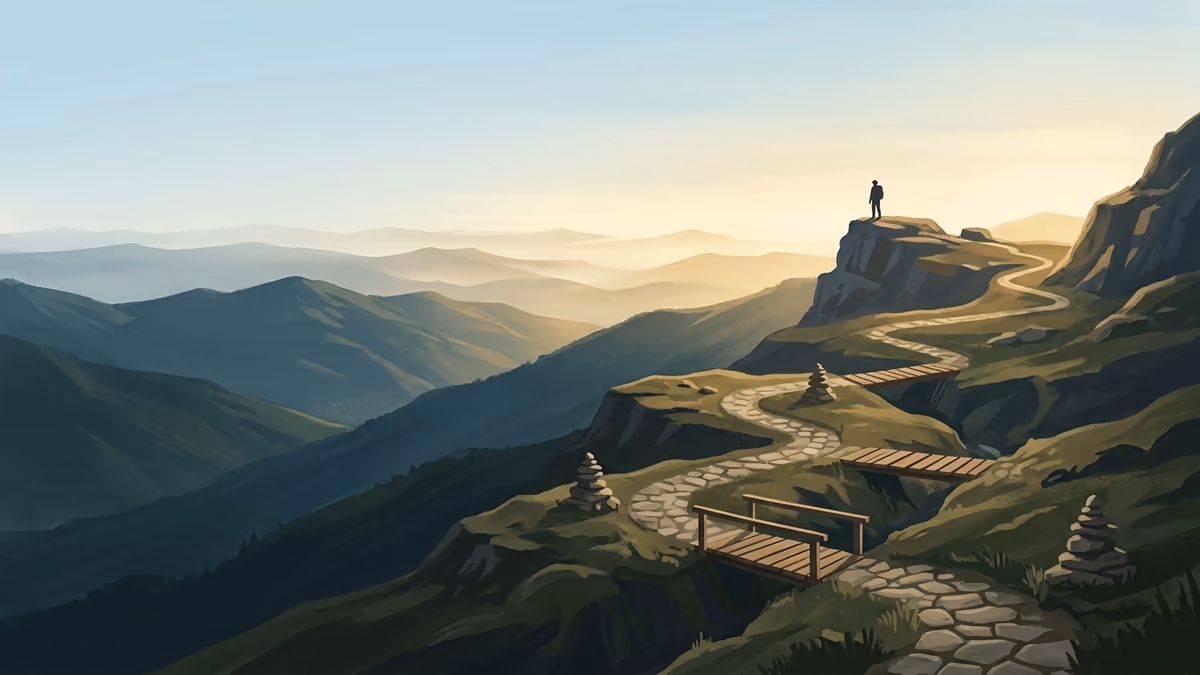 A scenic editorial illustration for "Travel Management Booking Software: 2026 Buyer's Guide" featuring a mountain overlook with a winding trail and atmospheric light.