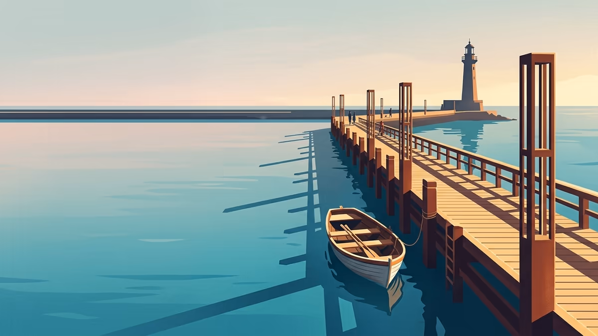 A scenic editorial illustration for "Online School Registration Software: A Complete Guide" featuring a harbor promenade with boats, boardwalks, and clean horizon lines.