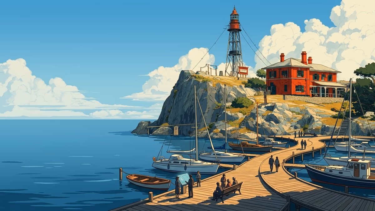 A scenic editorial illustration for "Knowledge Base Chatbots: The 2026 Essential Guide" featuring a harbor promenade with boats, boardwalks, and clean horizon lines.