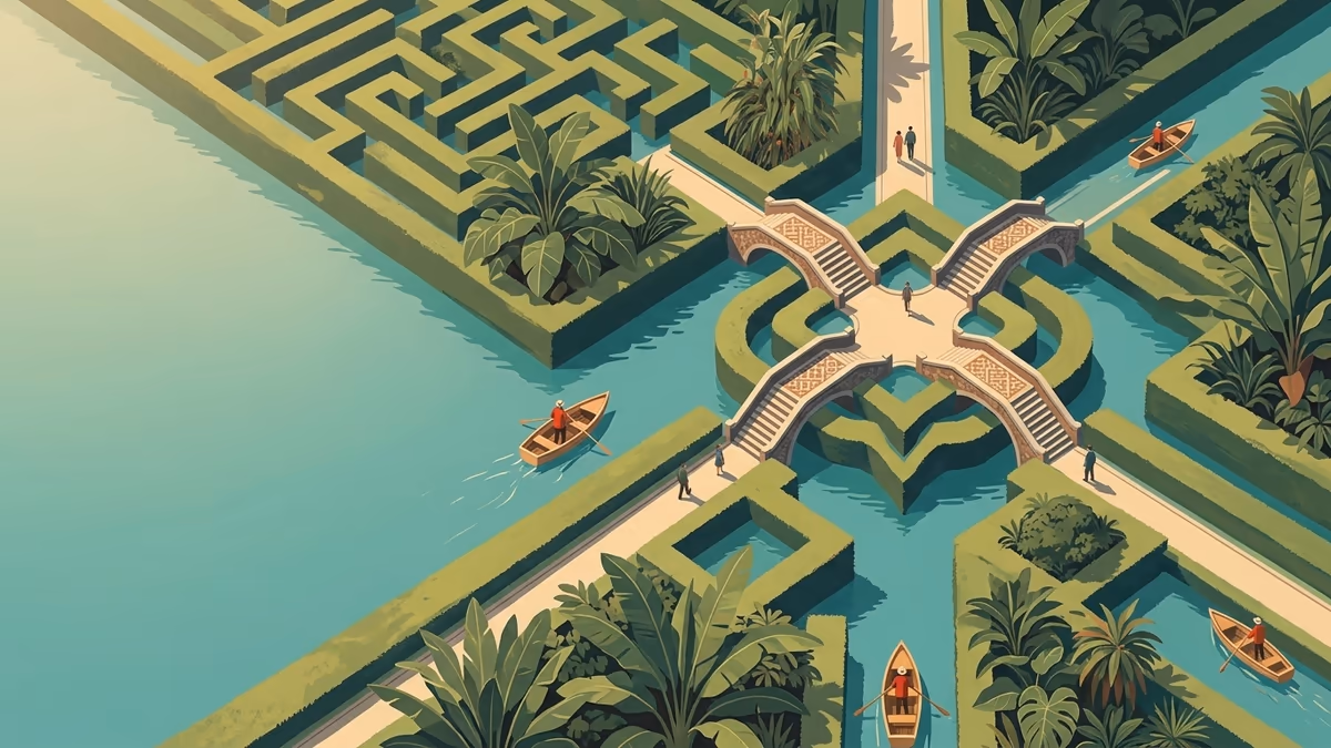 A scenic editorial illustration for "Lead Qualification Process: Your 2026 Playbook" featuring a serene park with water channels, bridges, and precise pathways.