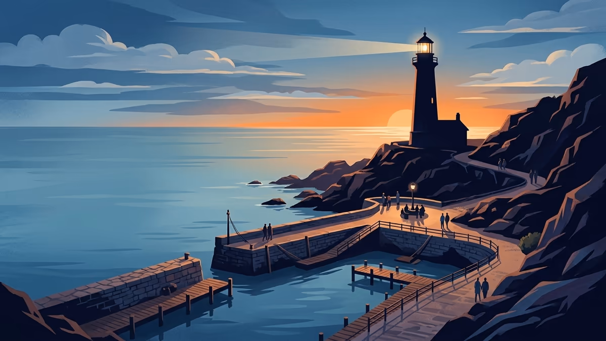 A scenic editorial illustration for "Customizable AI Chatbot: Tailor Your Digital Assistant" featuring a coastal lighthouse and rocky shoreline under expansive clouds.