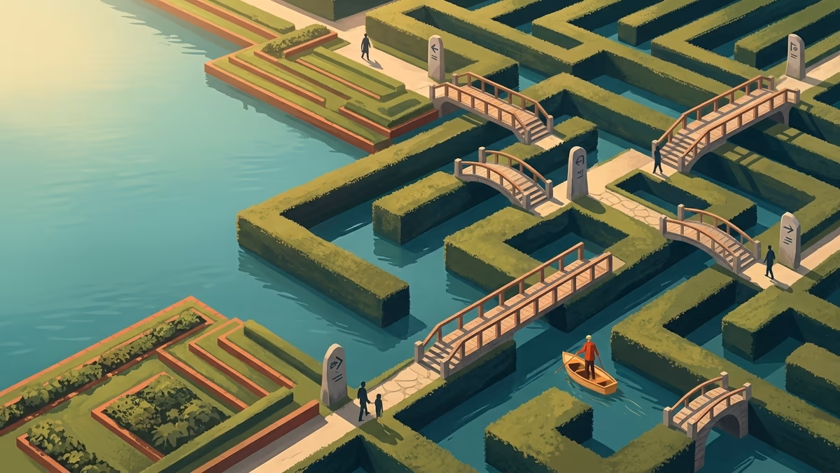 A scenic editorial illustration for "Schedule a Call: A Team Guide to Formzz Booking" featuring a serene park with water channels, bridges, and precise pathways.