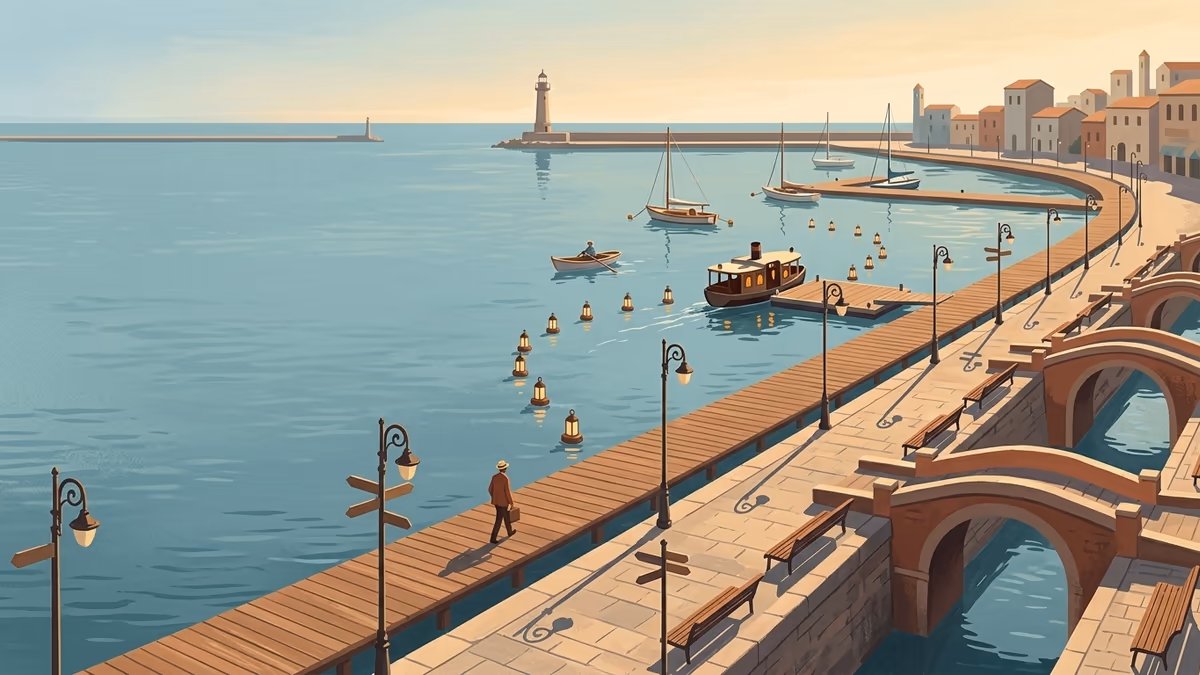 A scenic editorial illustration for "Marketing Automation for Small Business: Forms, Chat & AI" featuring a harbor promenade with boats, boardwalks, and clean horizon lines.