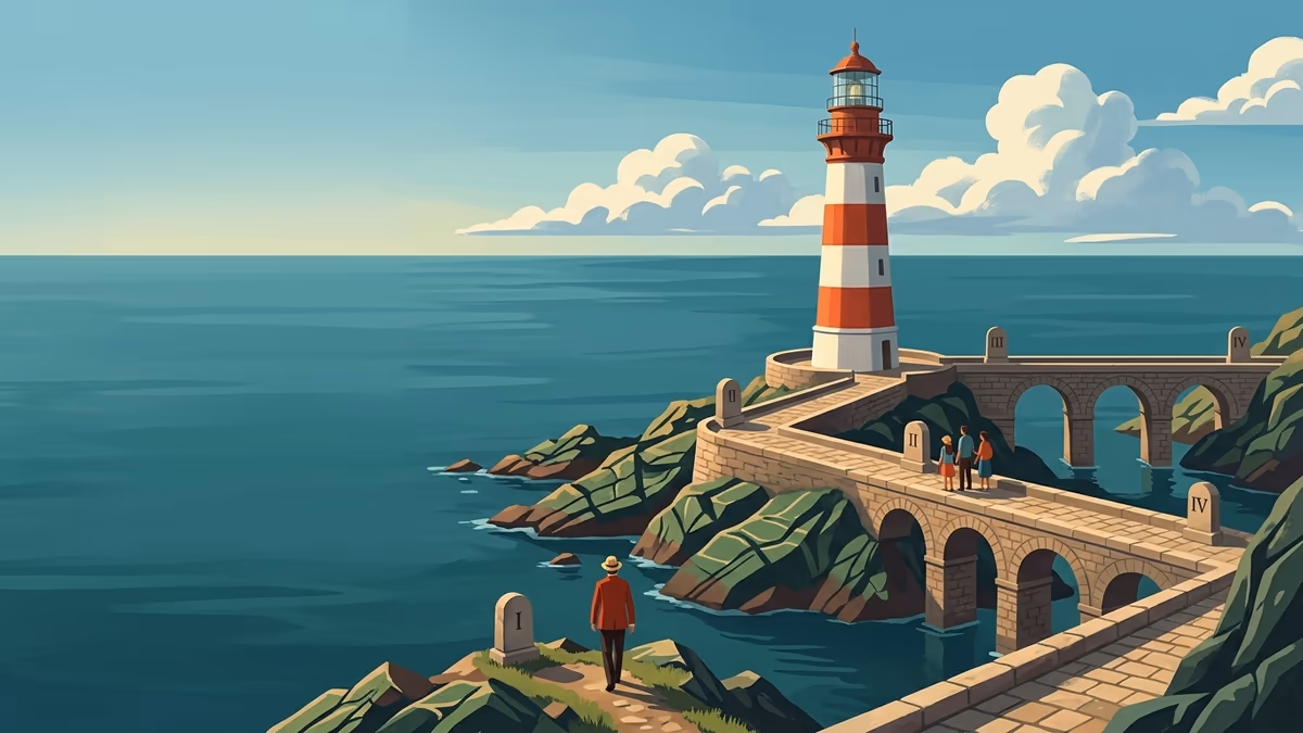 A scenic editorial illustration for "How Does Calendly Work? A 2026 Explainer" featuring a coastal lighthouse and rocky shoreline under expansive clouds.