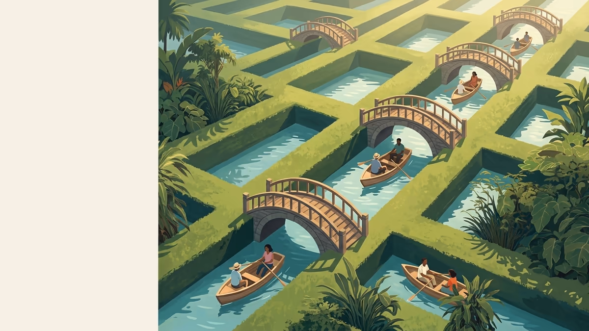 A scenic editorial illustration for "7 Time Request Off Templates for Any Workflow" featuring a serene park with water channels, bridges, and precise pathways.
