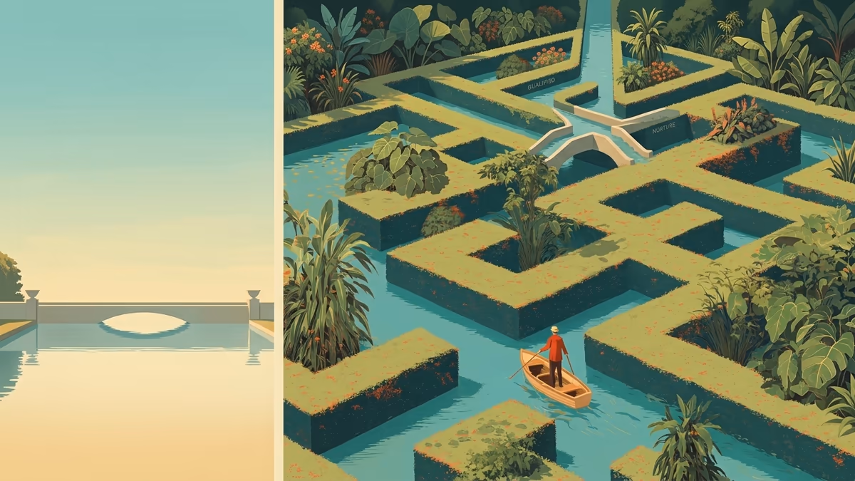 A scenic editorial illustration for "Customer Lead Management Software: Your 2026 Guide" featuring a serene park with water channels, bridges, and precise pathways.