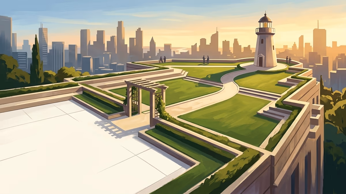 A scenic editorial illustration for "Employee Pulse Survey Software: A Complete Guide for 2026" featuring a sunlit rooftop garden flowing above a dense city skyline.