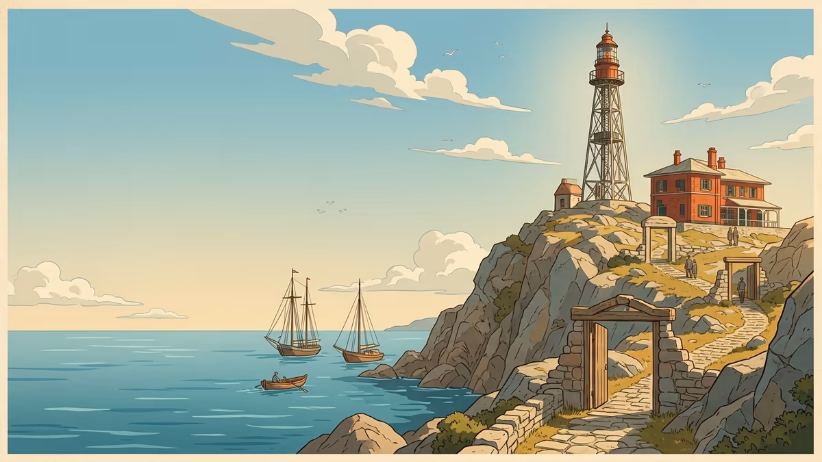 A scenic editorial illustration for "The Sales Acceleration Formula Your Guide to Faster Growth" featuring a coastal lighthouse and rocky shoreline under expansive clouds.