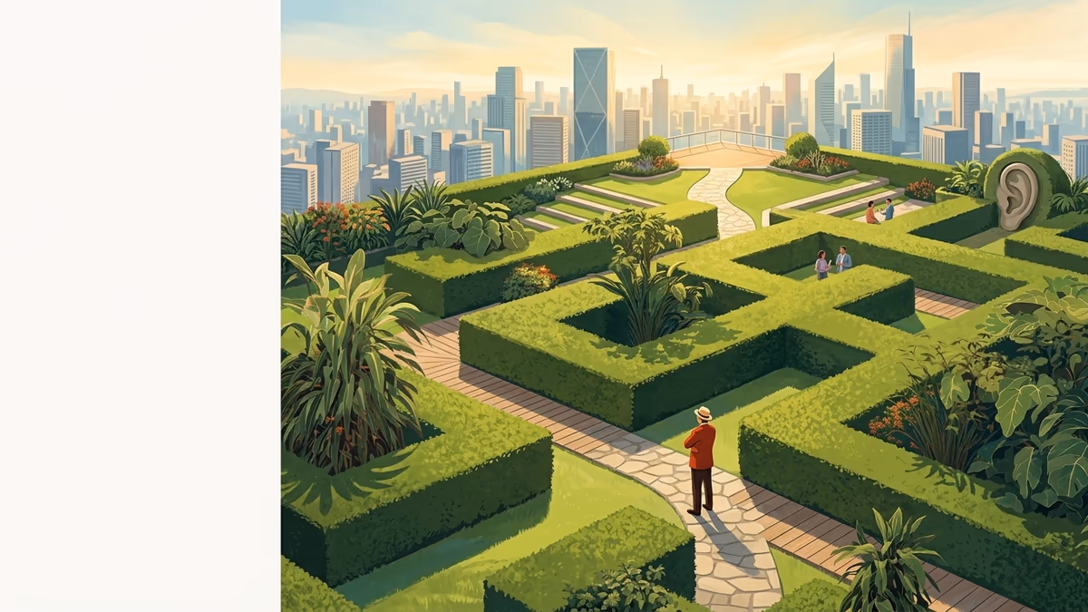 A scenic editorial illustration for "What Is Voice of Customer: Your 2026 Guide" featuring a sunlit rooftop garden flowing above a dense city skyline.