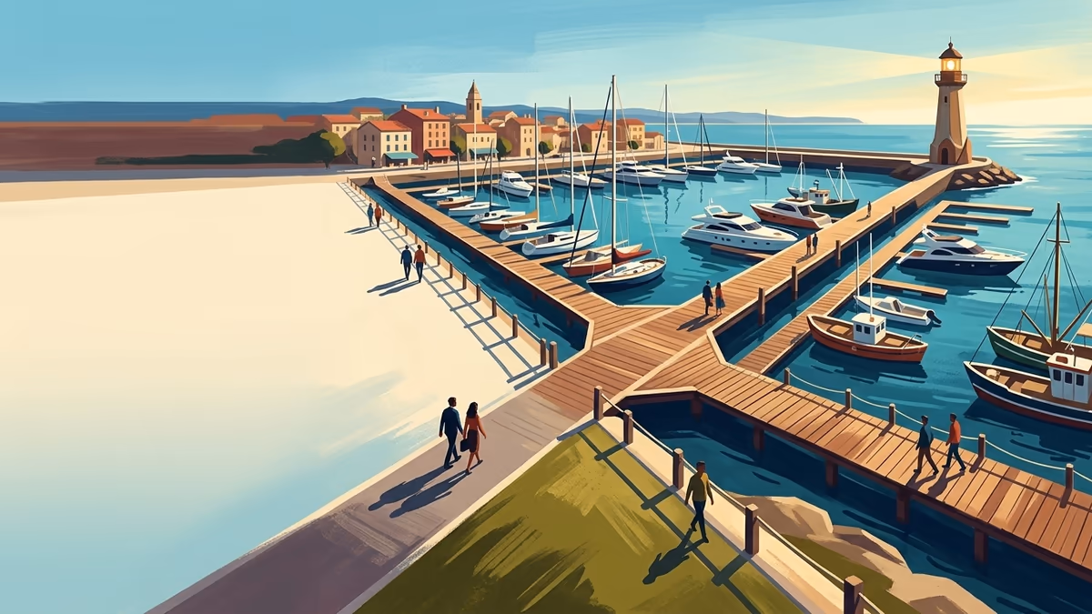 A scenic editorial illustration for "What Is Demand Generation in Marketing: Demand Generation" featuring a harbor promenade with boats, boardwalks, and clean horizon lines.