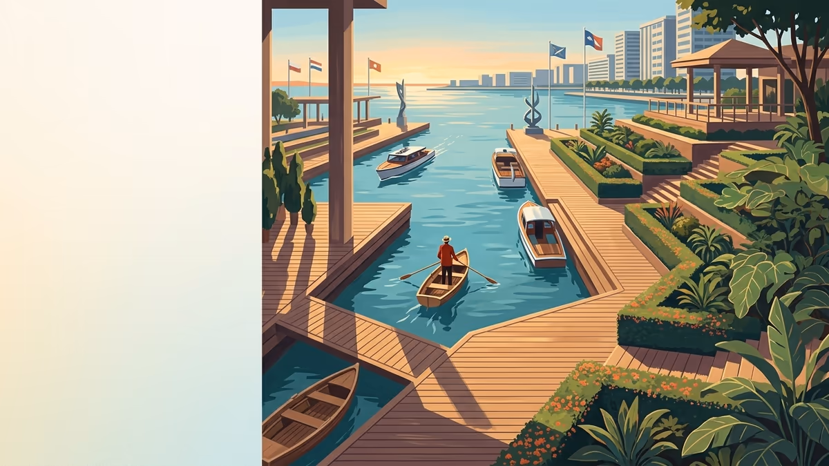 A scenic editorial illustration for "Best NPS Survey Software: Top Picks for 2026" featuring a harbor promenade with boats, boardwalks, and clean horizon lines.